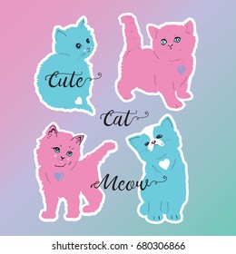 Cat cute sticker pin trendy label patch vector illustration decor decoration fashion black white