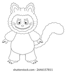 Gato. Gatinho bonito de dentes. Esboço. Ilustração vetorial. Contorno em plano de fundo branco isolado. Estilo Doodle. Bebê fofo travesso com bigodes e cauda. Livro de colorir para crianças. 