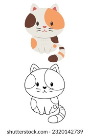 Cat-süße Vektorgrafik-Cartoon einzeln auf weißem Hintergrund. Katzenvektorfarben und farblos. Farbseiten für Kinder. 