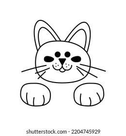 Cat cute1. The head of a cute cat with a whiskers and his paws. Cartoon vector black and white illustration.
