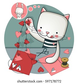 Cat cuts paper hearts for his best friend on the Valentine's Day.