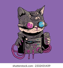 Cat cyberpunk sci-fi vector illustration