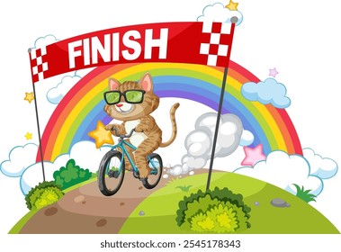 Cat cycling to victory under a colorful rainbow