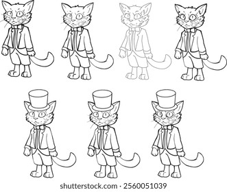 Cat cylinder hat drawing line art cartoon character children coloring book outline simple contour cat with monocle Black tie smoking jacket rich aristocrat sketch illustration set graphic collection 