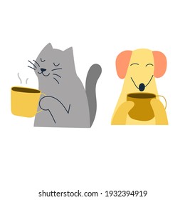 Cat and dachshund drink coffee from big mugs. Funny vector illustration for greeting card, t shirt, print, stickers, posters design.  