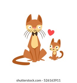 Cat Dad With Bow Tie Animal Parent And Its Baby Parenthood Themed Colorful Illustration With Cartoon Fauna Characters