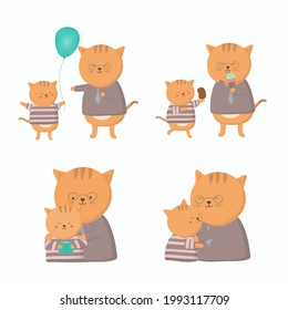 Cat dad is happy with his baby on father's day They hugged and played happily. His child felt safe. Vector flat illustration.