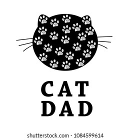 Cat Dad text with cat silhouette and paw prints. Happy Father's Day greeting card