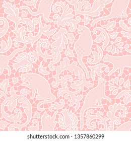 Cat damask lace seamless vector pattern on pink background. 