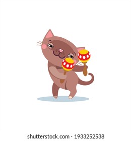 The cat dances and plays maracas.