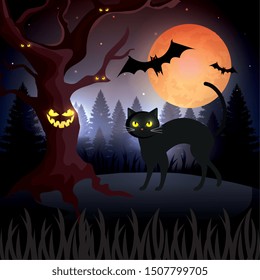 cat in the dark night halloween scene