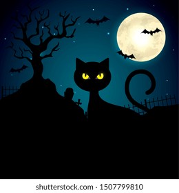 cat in the dark night halloween scene