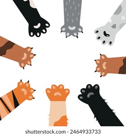 Cat day background with cat paws. Vector graphics