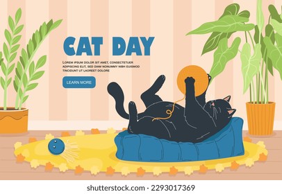 Cat day banner. Black kitten lies on pillow and plays with yellow wool ball. International holiday 8 August. Lazy pet or domestic animal. Landing page design. Cartoon flat vector illustration