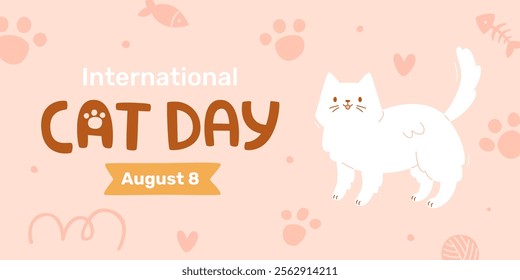 Cat day banner. Cartoon vector poster about international cat day. Cute cat day banner template.