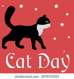 Día del gato. Gato negro sobre fondo rojo. Afiche del Día Internacional del Gato o Plantilla de diseño de Anuncio. 