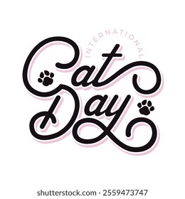 Cat Day calligraphy logo design. Dog foot silhouette vector icon. International cat day poster, banner, sticker, label, badge.