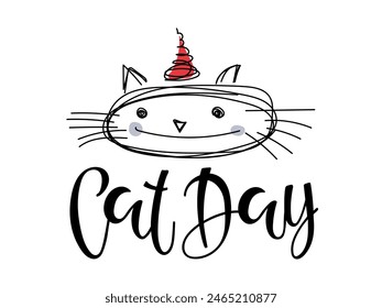 Cat day card with Cat face sketch and calligraphy lettering. Vector Isolated on white background. Cute funny linear character. Illustration for clothing, printing, banner, badge, poster, sticker