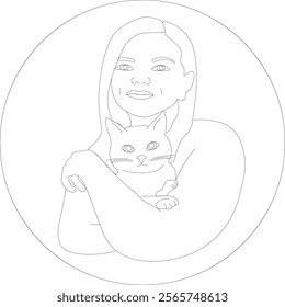 Cat Day. The girl holding the cat is drawn with a single line. Graphic illustration in the form of a continuous line