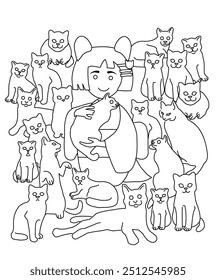 Cat Day in Japan is February 22, Kokeshi girl, girl with cat ears, and 22 cats, symbolizes February 22. Vector illustration of a coloring page.