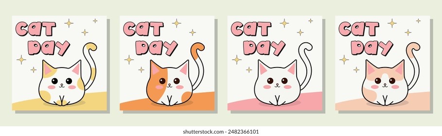 Cat day posters set. Happy international kawaii cat day square cover set. Illustration for international cat day.