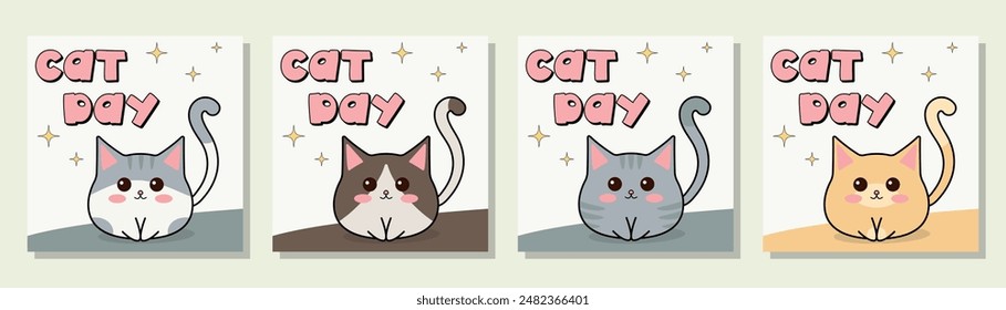 Cat day posters set. Happy international kawaii cat day square cover set. Illustration for international cat day.