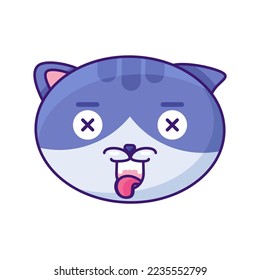 Cat dead reaction expression facial emoji vector. Kitty domestic fluffy animal death muzzle with closed crossed eyes and tongue out. Ill or tired smile emotion. Emoticon flat cartoon illustration