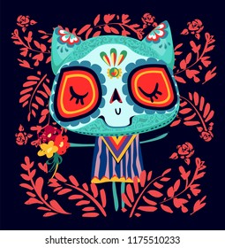 Cat Decor. Day of the Dead Cartoon Vector Illustration.  
 Holiday, greeting card decorative element. 