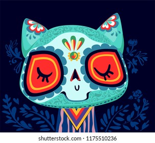 Cat Decor. Day of the Dead Cartoon Vector Illustration.  
 Holiday, greeting card decorative element. 
