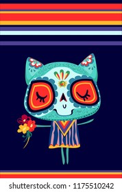 Cat Decor. Day of the Dead Cartoon Vector Illustration.  
 Holiday, greeting card decorative element. 