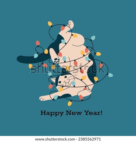  Cat decorated with garlands. Christmas vector flat cartoon illustration