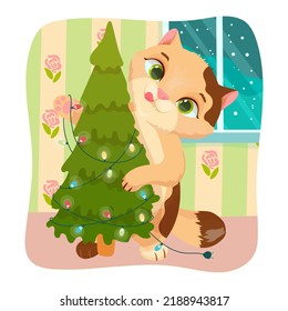A cat decorates a Christmas tree. Festive garlands. Home decorations. Pet. Kitten. Vector illustration.