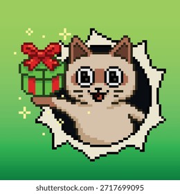 Cat delivering a Christmas present, pixel art illustration