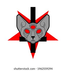 Cat Demon. Satanic symbol. Satan with cat head. Devil symbol pentagram. 
