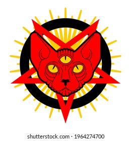 Cat Demon. Satanic symbol. Satan with cat head. Devil symbol pentagram. 
