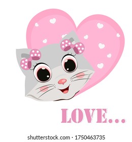 Сute cat. Design print for t-shirt. Vector Illustration. Heart.