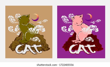 cat design for sukajan is mean japan traditional cloth or t-shirt with digital hand drawn Embroidery Men T-shirts Summer Casual Short Sleeve Hip Hop T Shirt Streetwear