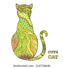 Cat. Design Zentangle. Hand drawn colored cat with abstract patterns on isolation background. Design for spiritual relaxation for adults. Zen art. Print for polygraphy, posters, t-shirts and textiles