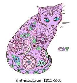 Cat. Design Zentangle. Hand drawn animal with intricate patterns on isolated background. Design for spiritual relaxation for adults. Zen art. Print for polygraphy, posters, t-shirts and textiles