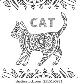 Gato. Design - Zentangle. Gato desenhado à mão com padrões abstratos no fundo de isolamento. Design para relaxamento espiritual para adultos. Arte zen. Estilo decorativo. Imprimir