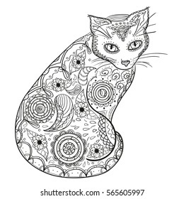 Cat. Design Zentangle. Hand drawn cat with abstract patterns on isolation background. Design for spiritual relaxation for adults.  Black and white illustration for coloring. Zen art