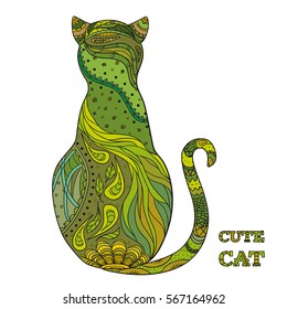 Cat. Design Zentangle. Hand drawn cat with abstract patterns on isolation background. Design for spiritual relaxation for adults. Cute cat. Zen art. Ecological colours