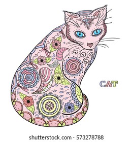 Cat. Design Zentangle. Hand drawn cat with abstract patterns on isolation background. Design for spiritual relaxation for adults. Zen art