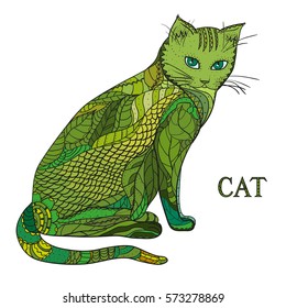Cat. Design Zentangle. Hand drawn cat with abstract patterns on isolation background. Design for spiritual relaxation for adults. Zen art