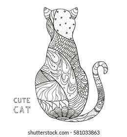Cat. Design Zentangle. Hand drawn cat with abstract patterns on isolation background. Design for spiritual relaxation for adults.  Black and white illustration for coloring. Zen art