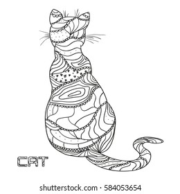 Cat. Design Zentangle. Hand drawn cat with abstract patterns on isolation background. Design for spiritual relaxation for adults.  Black and white illustration for coloring. Zen art