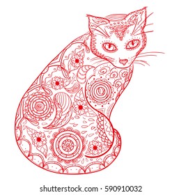 Cat. Design Zentangle. Hand drawn cat with abstract patterns on isolation background. Design for spiritual relaxation for adults. Zen art
