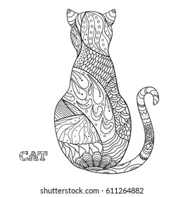 Cat. Design Zentangle. Hand drawn cat with abstract patterns on isolation background. Design for spiritual relaxation for adults.  Black and white illustration for coloring. Zen art