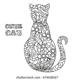 Cat. Design Zentangle. Hand drawn cat with abstract patterns on isolation background. Design for spiritual relaxation for adults.  Black and white illustration for coloring. Zen art