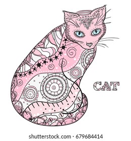 Cat. Design Zentangle. Hand drawn cat with abstract patterns on isolation background. Design for spiritual relaxation for adults. Zen art. Decorative style. Line art creation.